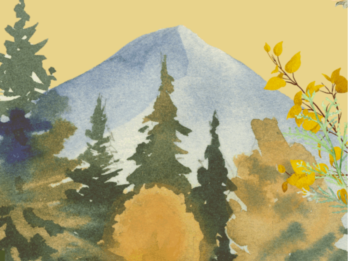 Graphic of a mountain with pine tree and flowers in the foreground.