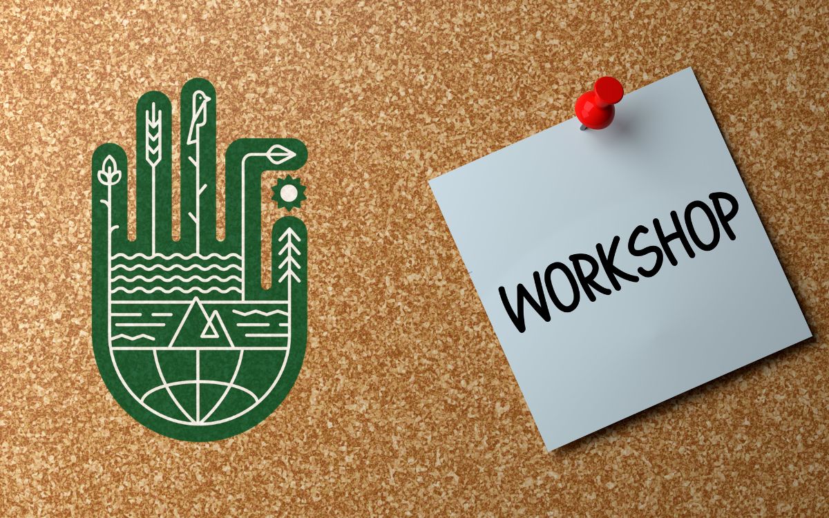 Warner hand icon on a corkboard and a sticky note that says ''workshop''