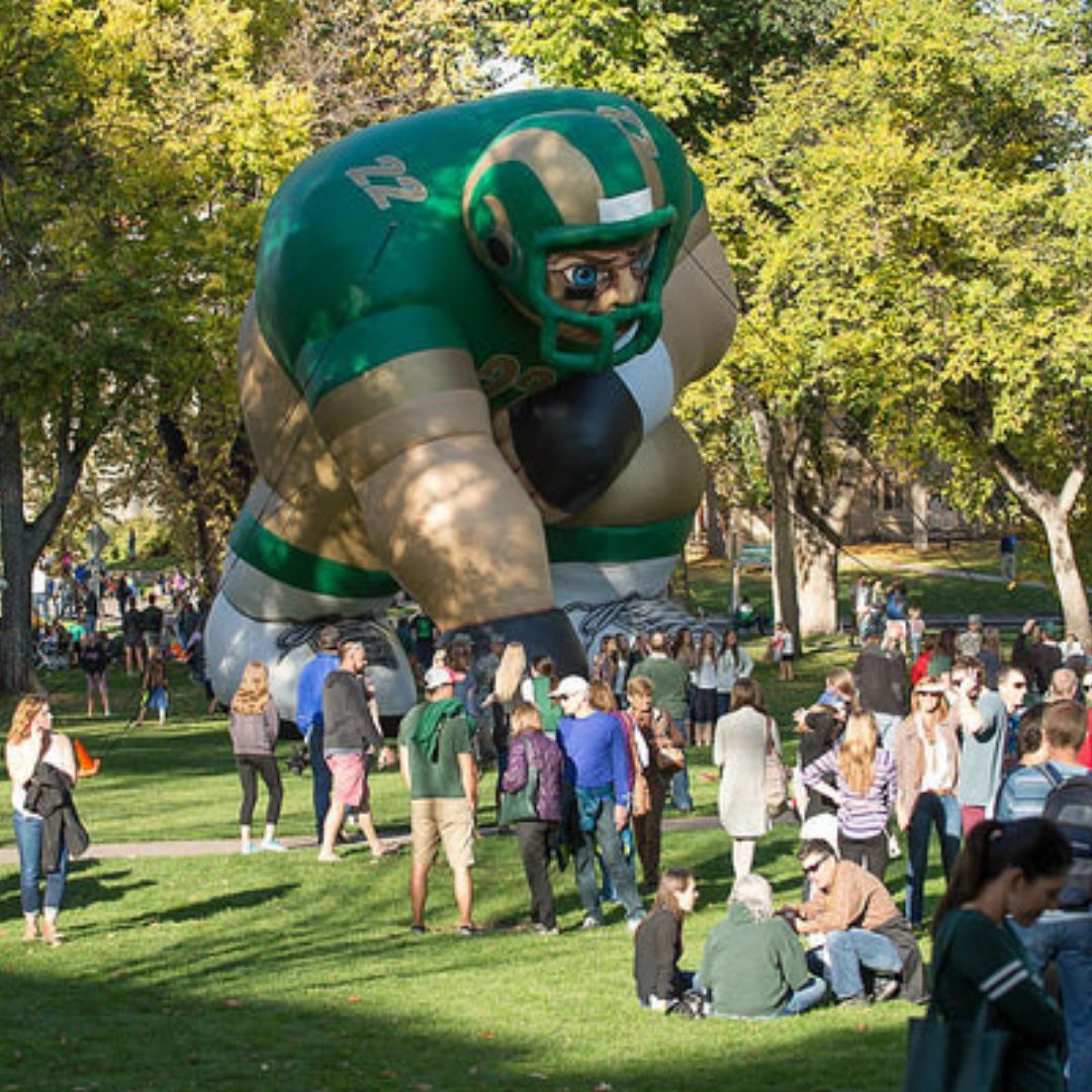 A giant inflatable balloon of a football player at the CSU Festival on the Oval.