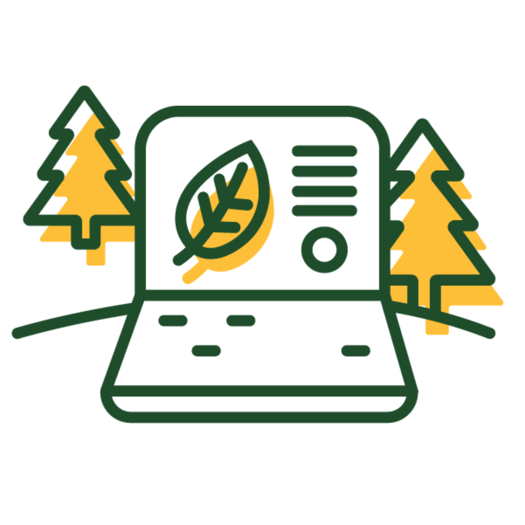 icon of a laptop with pine trees in the background