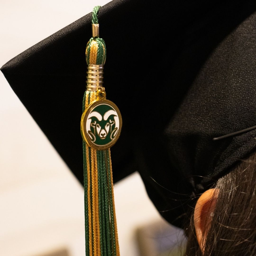 A CSU tassel hangs from a mortar board.