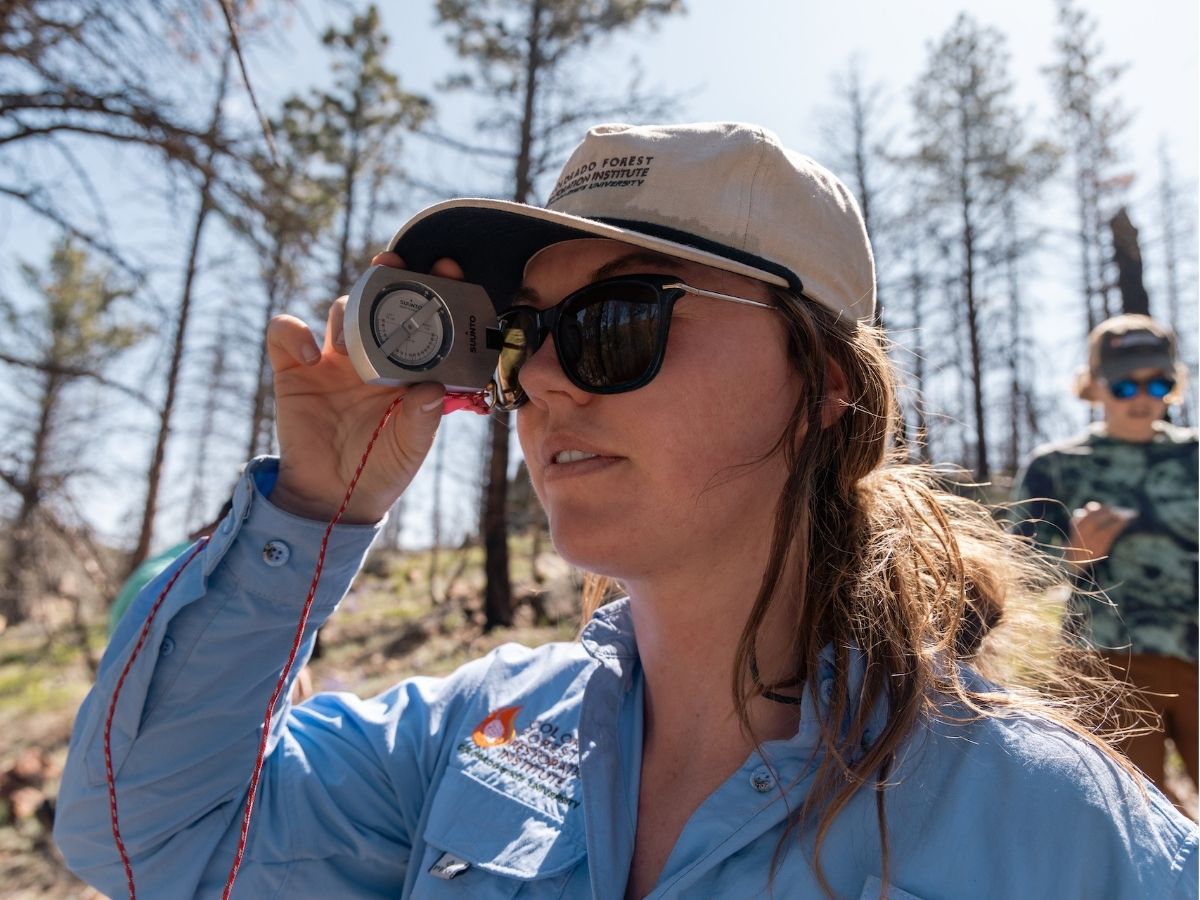 A student works in the field with burnt trees in the background.
