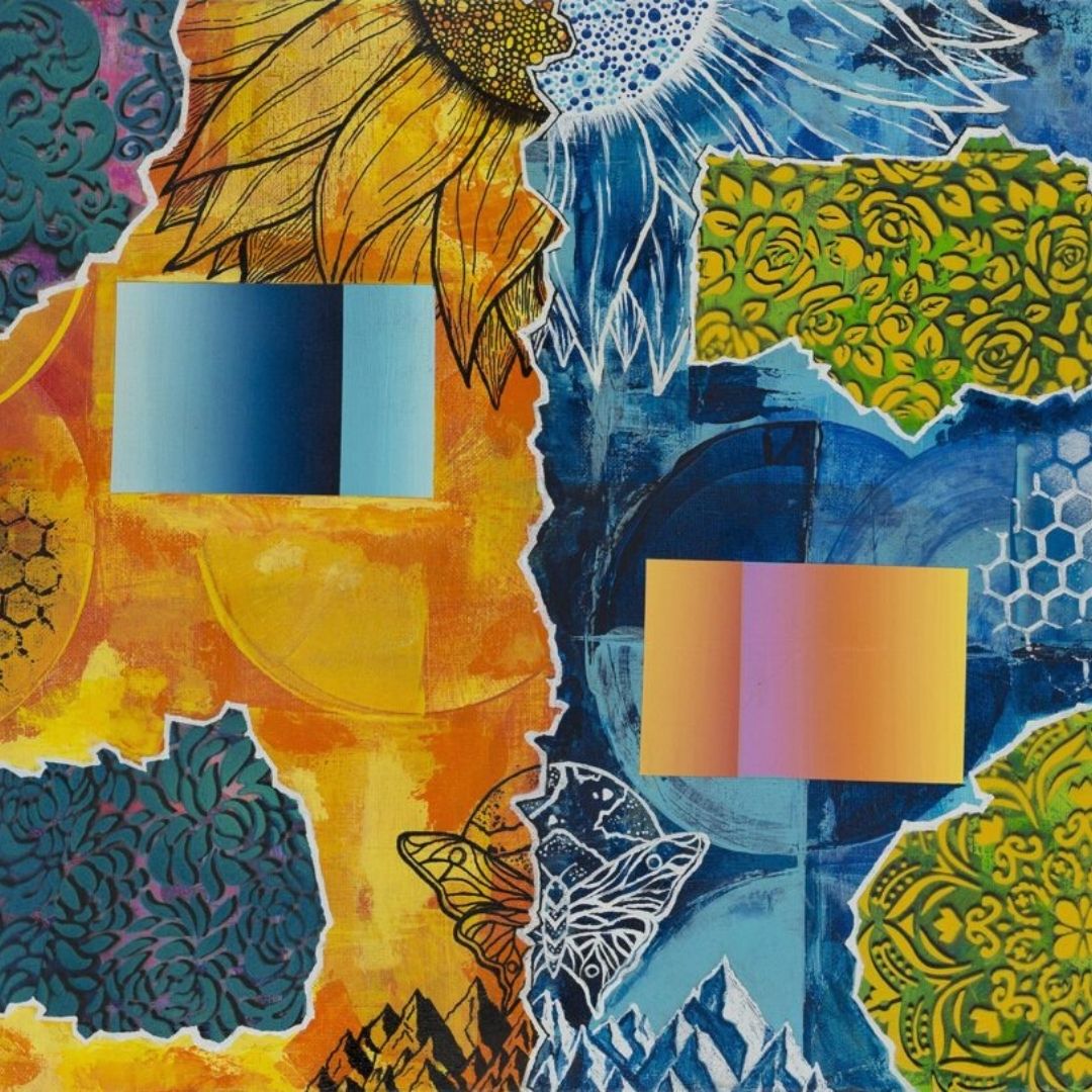 A decorative pattern with blues and yellows. 