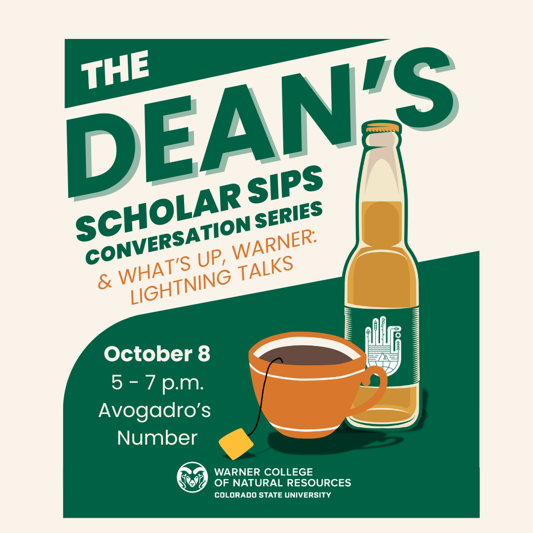 Graphic with beer bottle and a tea cup with the text: ''The Dean's Scholar Sips & What's Up Warner: Lightning Talks, October 8, 5 - 7 p.m. at Avogadro's Number''
