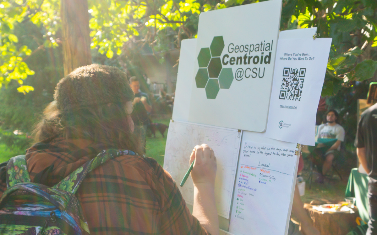 student writing on a poster board