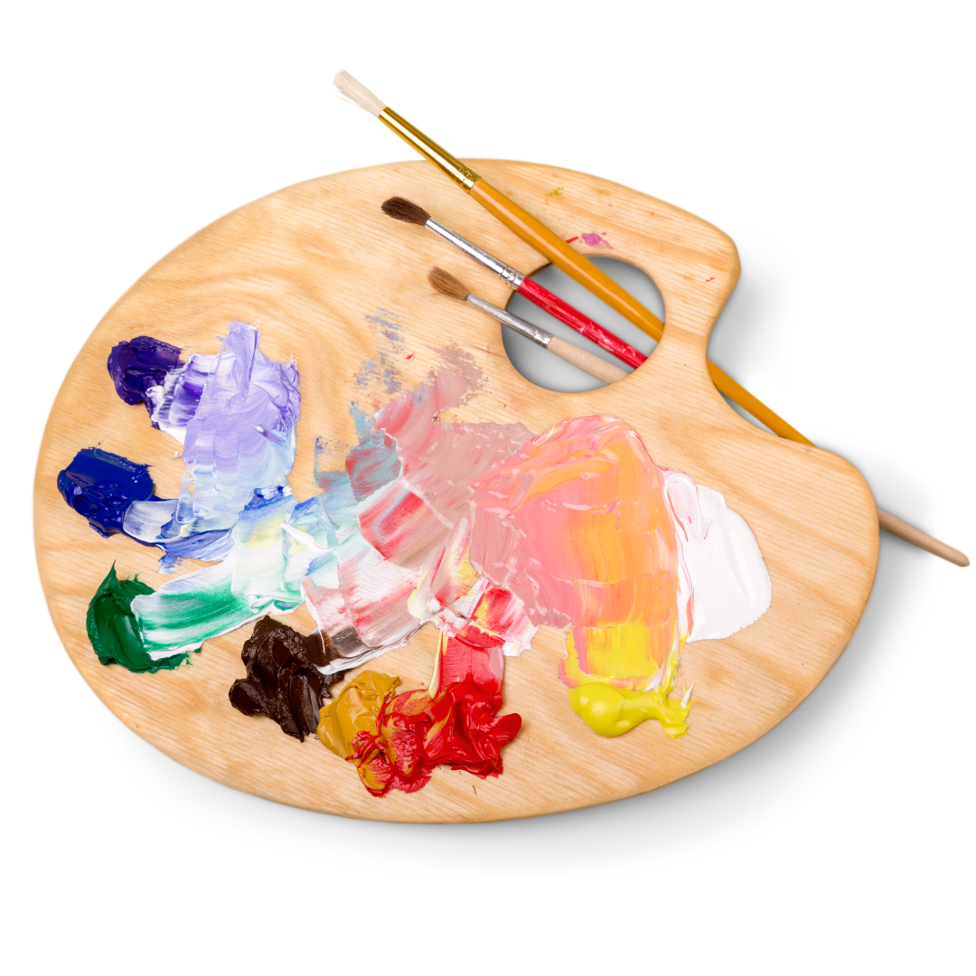 picture of a wood palette with paint and paint brushes 