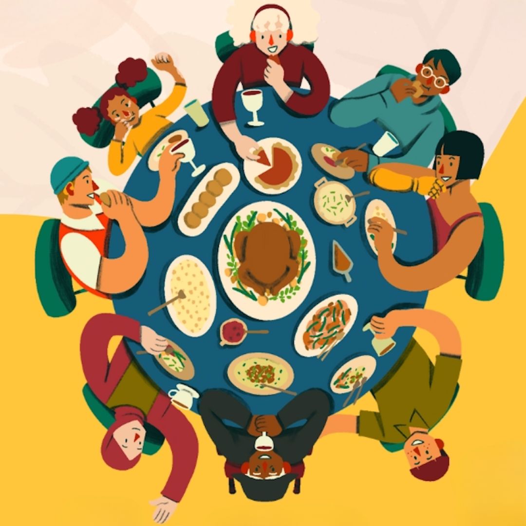 A graphic of people sitting around a Thanksgiving table eating and laughing