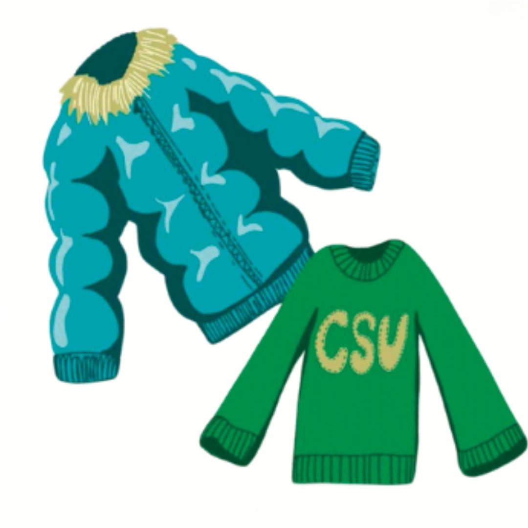 Graphic of a blue coat and a green CSU sweater