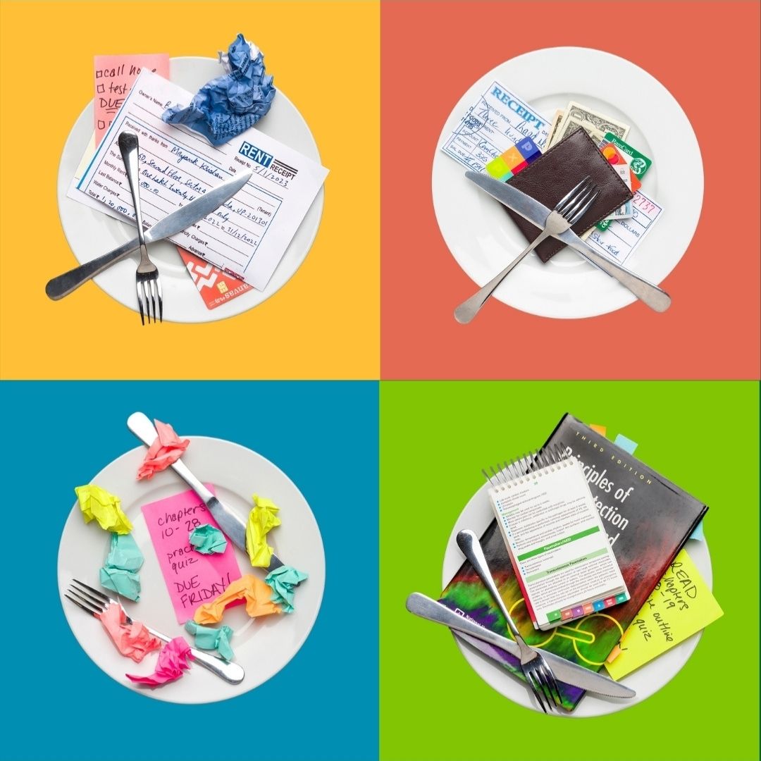 Photos of four plates with papers on top of them. Each plate sits on a different colored square background. 