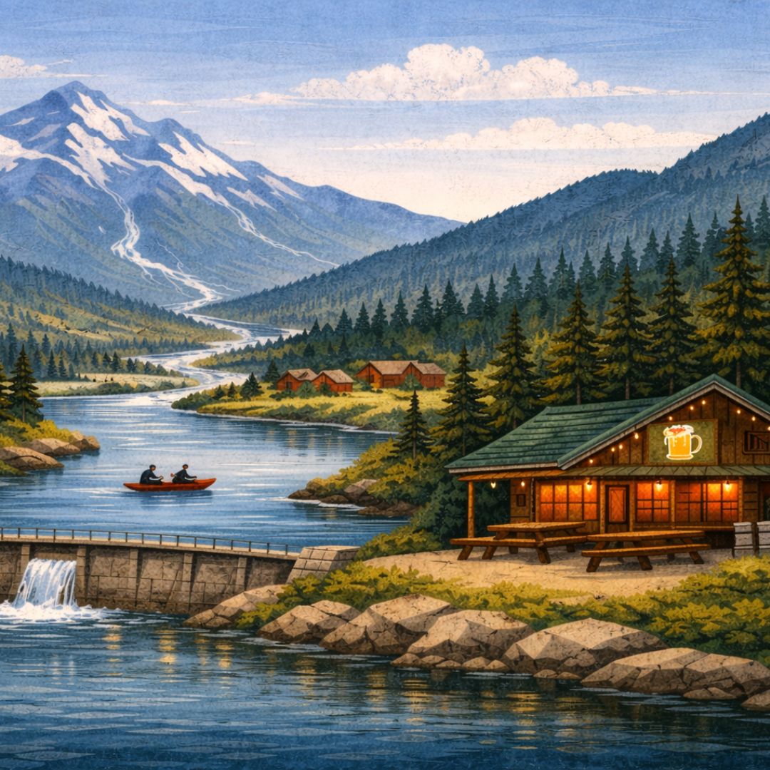 A graphic of a river, mountains, a cabin, and a boat floating on the river. 