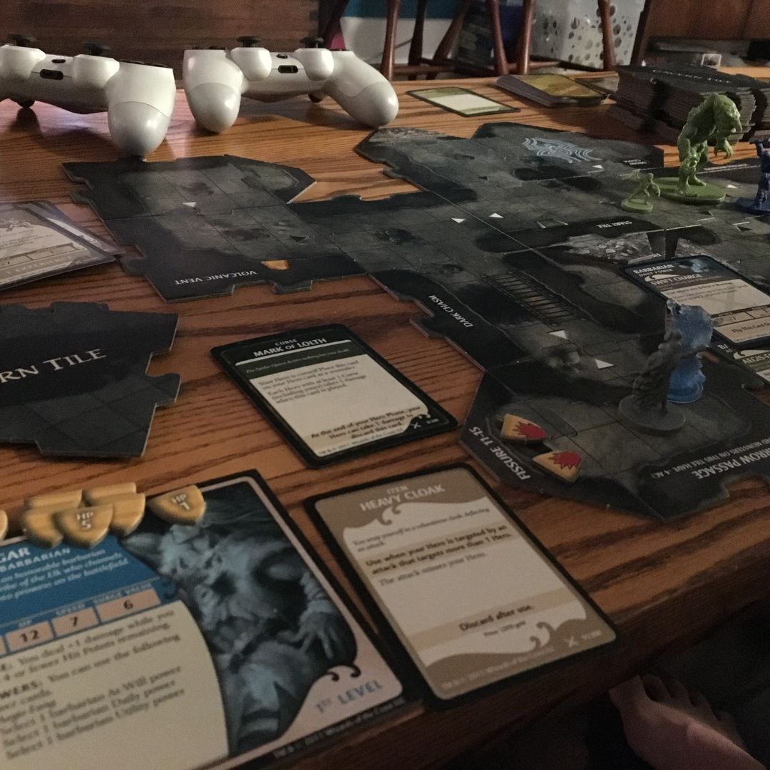 Dungeons and Dragons game pieces spread out on a table