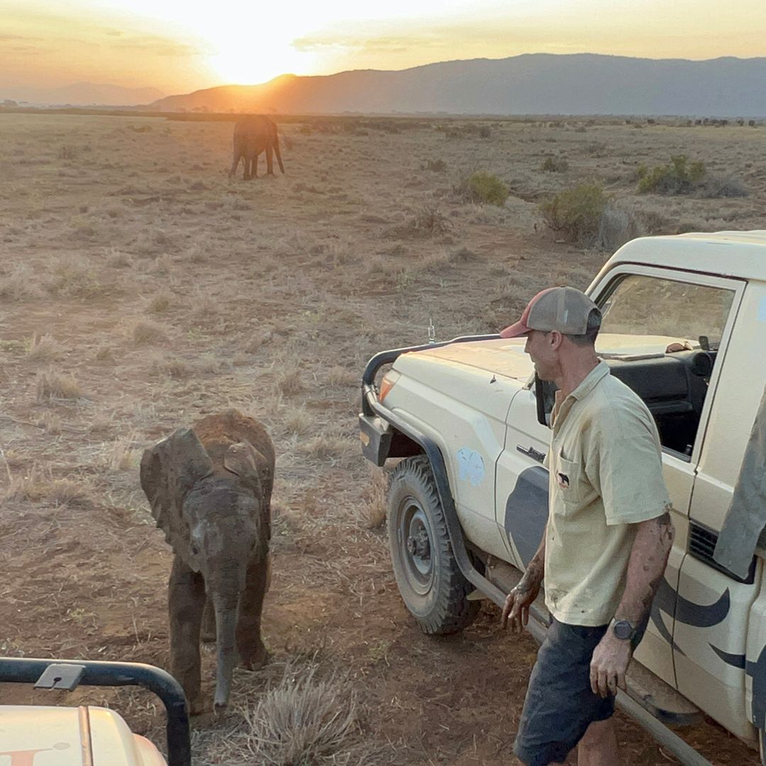 George Wittemyer stands close to a baby elephant