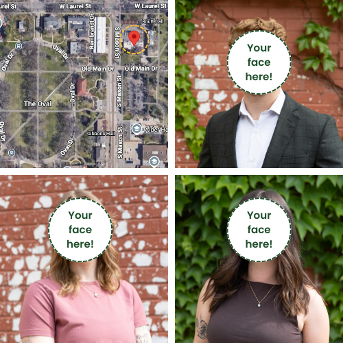 A collage of photos of people with circles over their faces with the words 