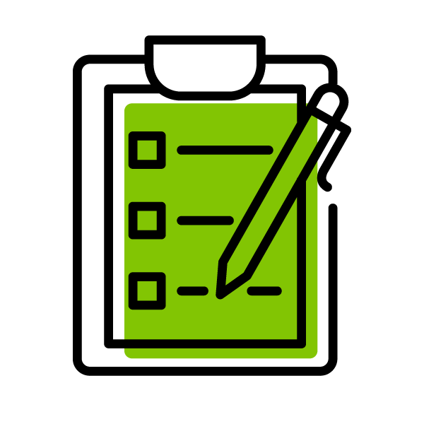 Icon of a clipboard with a checklist and a pen