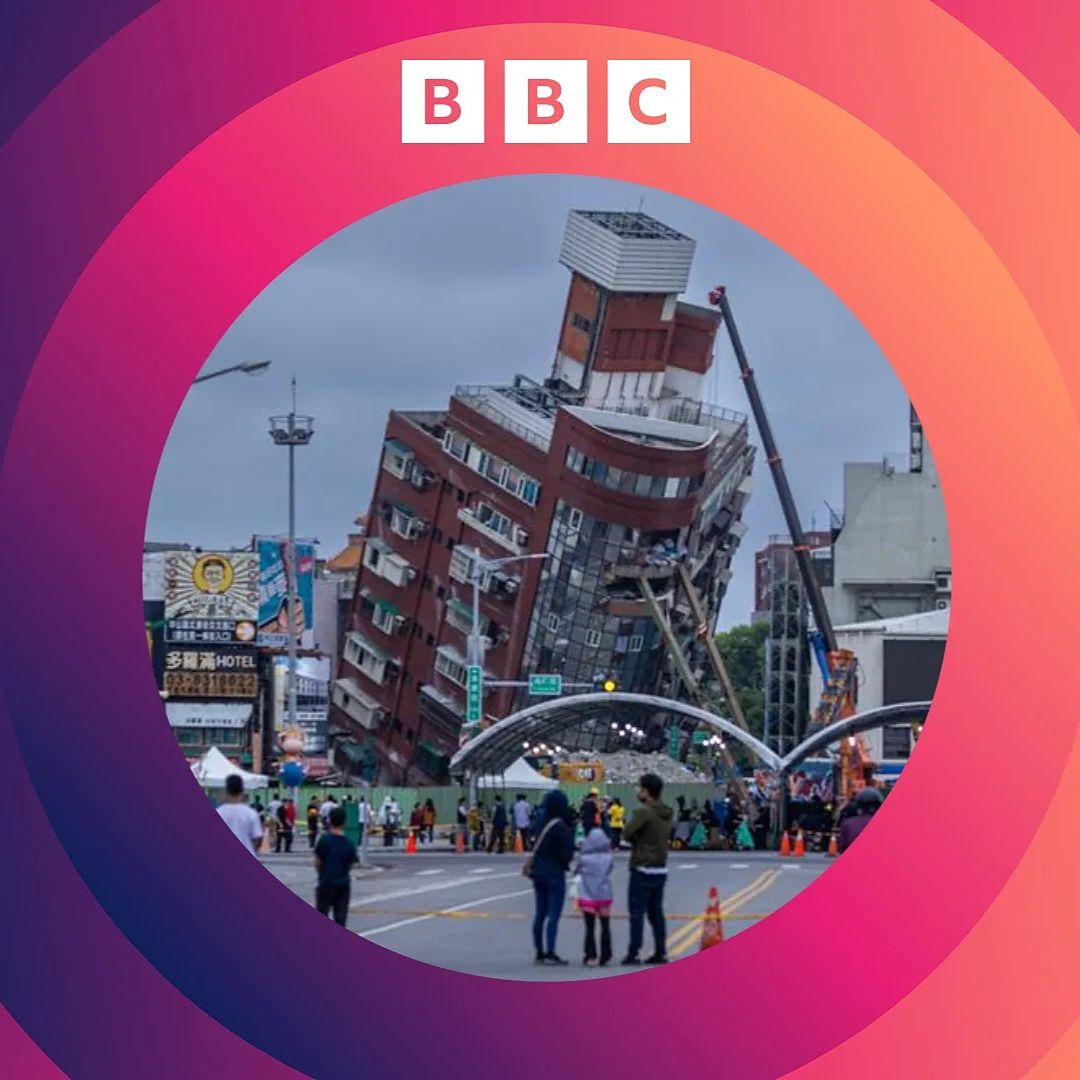 A graphic from the BBC with a building leaning after an earthquake