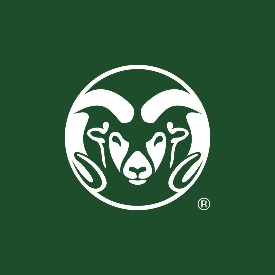 A white CSU ram logo on top of a green background 