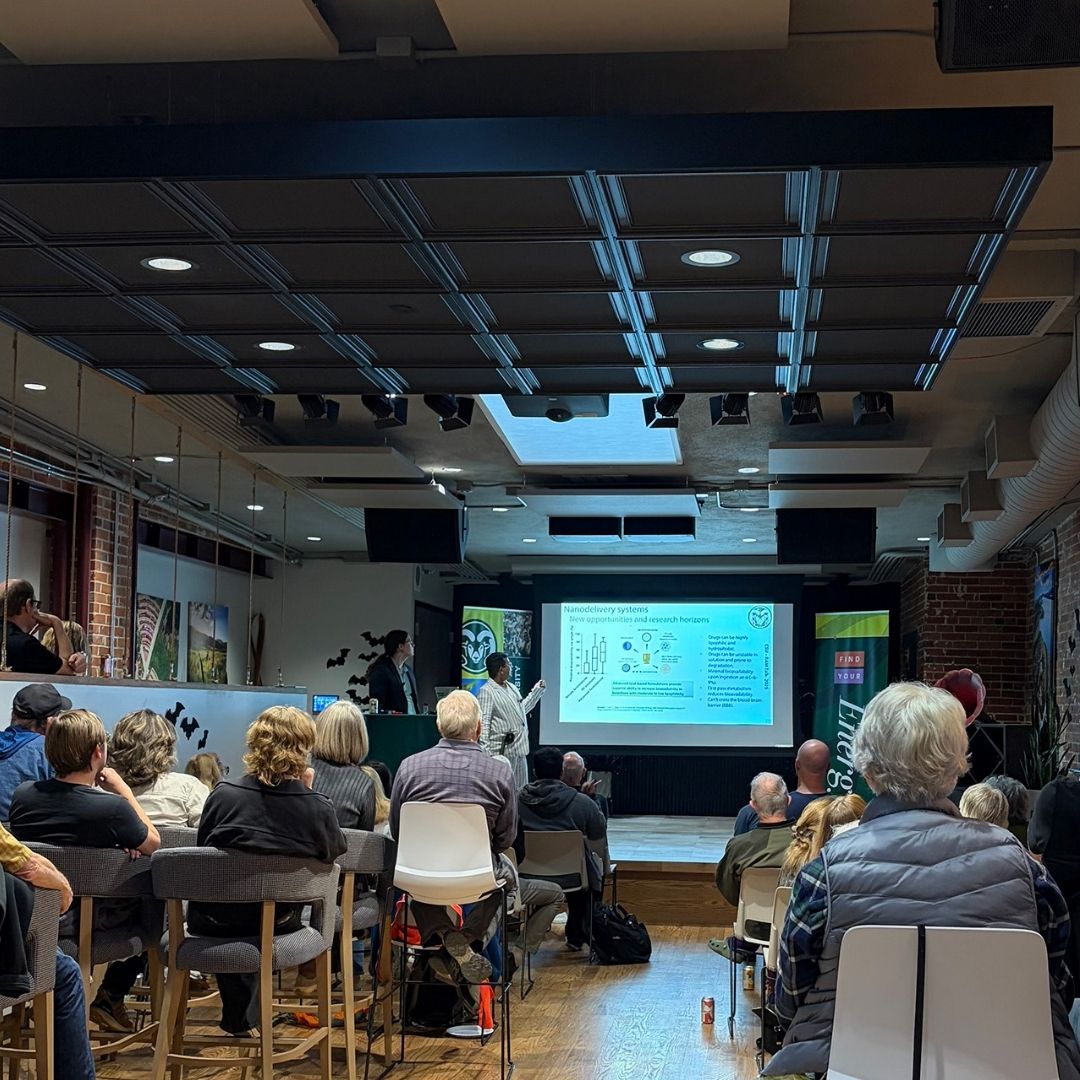 People sit in chairs facing a screen at a CSU Ram Talks presentation